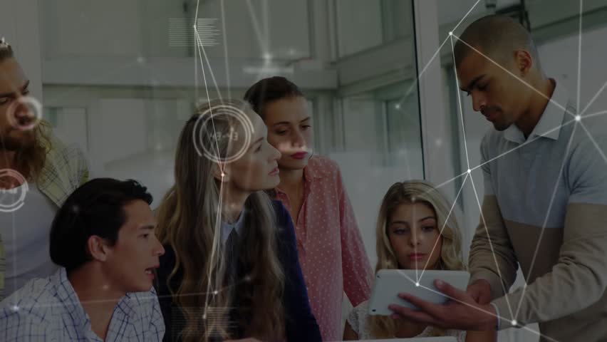 Business team gathering around tablet while holographic overlay appearing, mapping data connections. Collaboration, digital, innovation, technology, teamwork, modern, networking - Powered by Shutterstock - Get 15% off with code: PIKWIZARD15