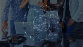 blue-clad woman tapping tablet screen and expanding holographic globe for tech team collaboration. Collaboration, innovation, technology, teamwork, digital, networking, modern - Powered by Shutterstock - Get 15% off with code: PIKWIZARD15