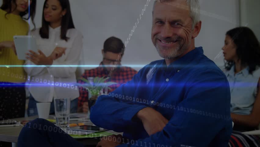 At start business team analyzing project data on tablet as binary code graphics sliding across view. Collaboration, teamwork, digital innovation, corporate, modern, analytics, professional - Powered by Shutterstock - Get 15% off with code: PIKWIZARD15
