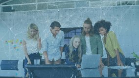 Coworkers at table watching colleague typing laptop initiating animated charts for business review. Teamwork, collaboration, brainstorming, modernoffice, businessdiscussion, digitaltools, professional - Powered by Shutterstock - Get 15% off with code: PIKWIZARD15