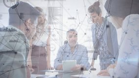 Lead tapping tablet showing finance chart as network diagram linking colleagues reaching consensus. Collaboration, data visualization, teamwork, innovative, professional, modern, strategic - Powered by Shutterstock - Get 15% off with code: PIKWIZARD15