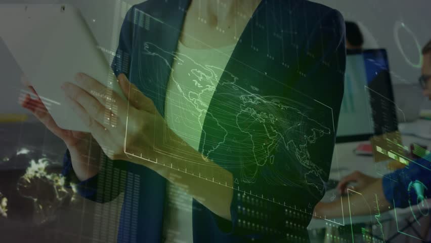 Businesswoman raising tablet and swiping screen showing holographic world map to review charts. Technology, innovation, data visualization, futuristic, corporate, digital interface, analytical - Powered by Shutterstock - Get 15% off with code: PIKWIZARD15