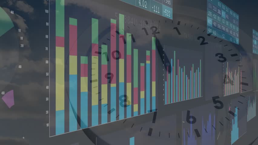 Clock hands reaching ten o'clock spurring data sliding and transforming into bar line pie charts. Data analysis, financial metrics, dynamic visuals, corporate dashboard, information technology, - Powered by Shutterstock - Get 15% off with code: PIKWIZARD15