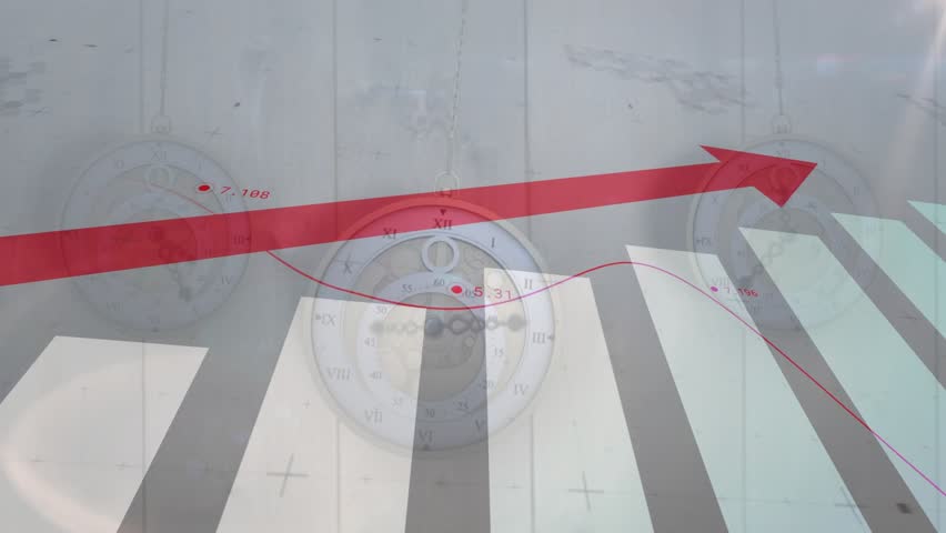 Red arrow trending up causing sine wave sliding right, clock fixed, labels updating to show trend. Data visualization, analytics, progress, improvement, digital, modern, metric - Powered by Shutterstock - Get 15% off with code: PIKWIZARD15