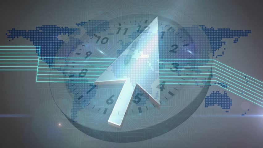 Pressing play initiating map fading neon grid sliding across clock arrow pulsing showing time flow. Geometric, futuristic, digital, technology, motion, innovation, dynamic - Powered by Shutterstock - Get 15% off with code: PIKWIZARD15