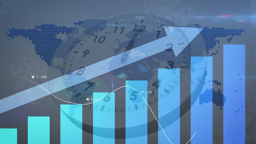 Starting with clock floating on world map teal bars appearing arrow emerging graph showing growth. Data visualization, growth, progress, analytics, digital interface, trend, innovation - Powered by Shutterstock - Get 15% off with code: PIKWIZARD15