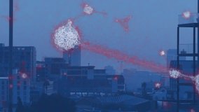 Red filament cluster entering skyline, particles floating and coalescing to show infection spread. Urban, science, futuristic, digital, abstract, technology, innovation - Powered by Shutterstock - Get 15% off with code: PIKWIZARD15