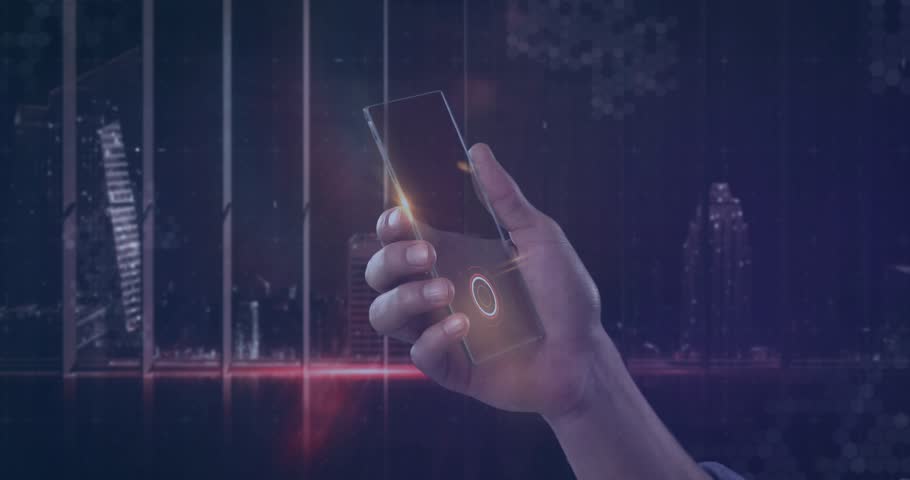 Finger tapping smartphone fingerprint icon causing bar charts animating and assembling dashboard. Technology, data visualization, analytics, dashboard, finance, futuristic, innovation