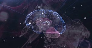 Opening 3D brain model rotating, revealing lobes, aligning data icons visualizing structures. Neuroscience, visualization, digital, abstract, technology, innovation, research - Powered by Shutterstock - Get 15% off with code: PIKWIZARD15