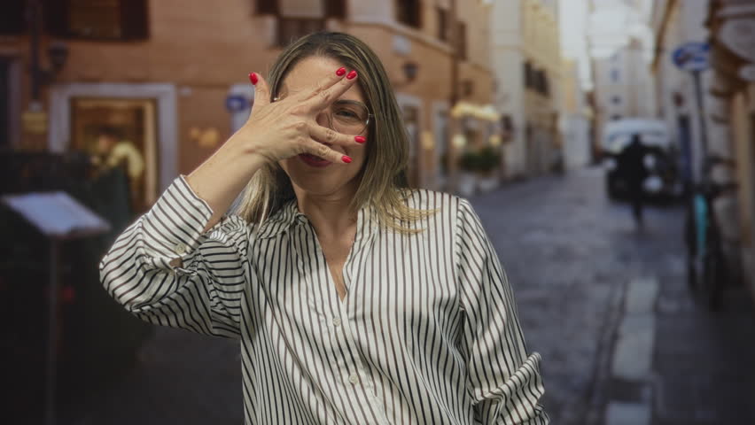 Woman hides face with hand wearing striped blouse and glasses on narrow cobblestone street in european city; playfulness.