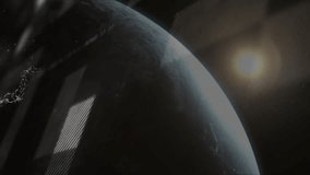 Earth rotating, sun flaring at edge, stripe panels sliding, graph forming, data hiding for analysis. Planet, universe, data visualization, digital interface, science, technology, cosmic - Powered by Shutterstock - Get 15% off with code: PIKWIZARD15