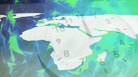 Starting with white world map over faint clock shimmering network mesh fading in connectivity icons. Global, technology, digital, connectivity, communication, network, innovation - Powered by Shutterstock - Get 15% off with code: PIKWIZARD15