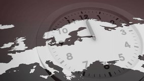 Rotating clock hand starting red arcs toward Europe map while pulsing targets syncing timing events. Timing, synchronization, data visualization, global connectivity, networks, abstract, digital - Powered by Shutterstock - Get 15% off with code: PIKWIZARD15
