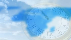 cloudy sky overlaying Roman clock starting map emerging, icons popping, showing global network. Geography, connectivity, technology, digital, innovation, communication, data - Powered by Shutterstock - Get 15% off with code: PIKWIZARD15