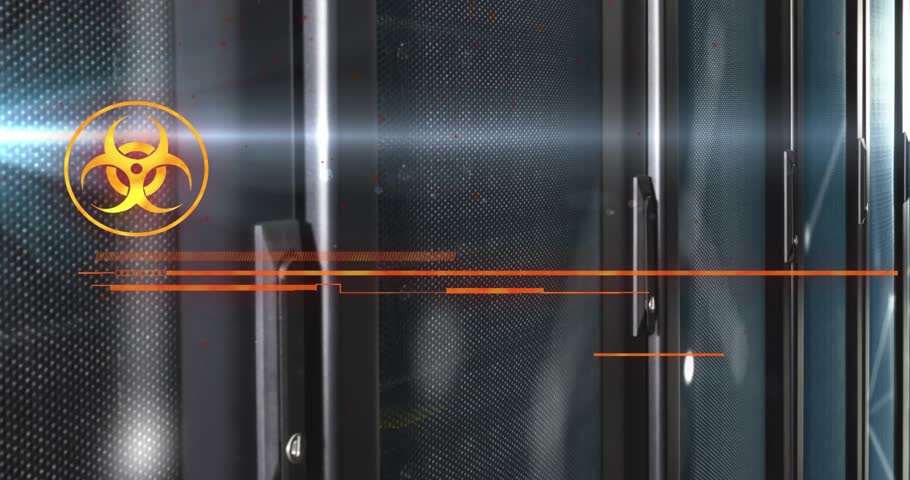 Emergency graphic fading in, sliding bars, subtitle glitching shifting to immediate action required. Warning, alert, cybersecurity, technology, industrial, high-tech, digital