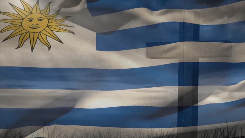 Uruguay flag fluttering after breeze, fabric billowing in rhythmic waves to showcase windy field. Patriotism, movement, dynamic, outdoor, fabric, textures, national