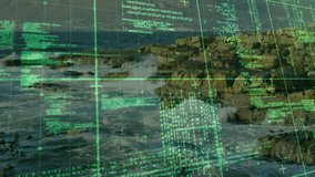 Grid appearing over rocky shore demonstrating data overlay, code columns cascading, waves crashing. Technology, cybersecurity, digital, ocean, landscape, futuristic, data visualization - Powered by Shutterstock - Get 15% off with code: PIKWIZARD15