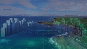 Scene opening revealing coastline with clear 3D bars rising, cyan lines snaking for data trends. Technology, analytics, data visualization, financial, modern, dynamic, oceanic - Powered by Shutterstock - Get 15% off with code: PIKWIZARD15