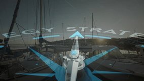 Sunrise glow causing 3D compass fading in over marina as arrow rotating upward and STRATEGY forming. Navigation, direction, technology, maritime, leadership, planning, innovation - Powered by Shutterstock - Get 15% off with code: PIKWIZARD15