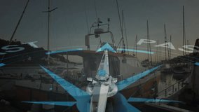 digital compass overlay fading in at dusk on dock, rotating needle shifting from PAST toward FUTURE. Navigation, technology, nautical, marine, futuristic, interface, dusk - Powered by Shutterstock - Get 15% off with code: PIKWIZARD15