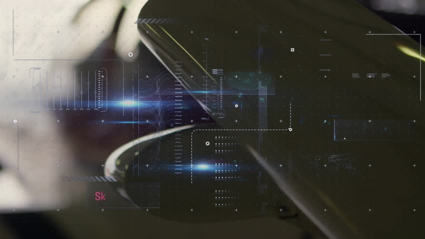 On power-up gimbal lens flickering HUD, scanning and analysing diagnostics, updating to functioning. Technology, robotics, artificial intelligence, machinery, digital, automation, innovation