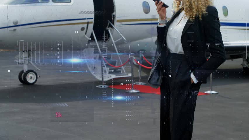 Business executive issuing smartphone command, initiating AR scan overlay diagnosing private jet. Technology, innovation, digital, aerospace, mobility, corporate, futuristic - Powered by Shutterstock - Get 15% off with code: PIKWIZARD15