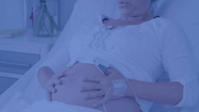 Laboring patient pressing abdomen causing fetal monitoring graphs and shifting world map overlay. Maternal health, maternity, medical technology, clinical, healthcare, digital interface, emotional - Powered by Shutterstock - Get 15% off with code: PIKWIZARD15