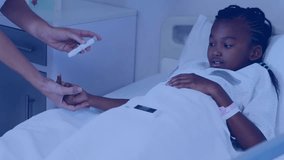 Nurse grabbing scanner and scanning child to monitor vitals, with holographic graph overlaying bed. Medtech, healthcare, pediatric, monitoring, innovation, clinical, diagnostics - Powered by Shutterstock - Get 15% off with code: PIKWIZARD15