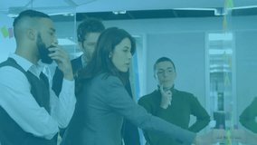 Colleagues around glass touchscreen dragging slider shifting holographic graphs for finance review. Technology, innovation, collaboration, data analysis, futuristic, business growth, digital interface - Powered by Shutterstock - Get 15% off with code: PIKWIZARD15