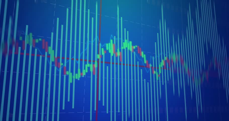 Dark blue grid appearing causing vertical bars updating and cursor scanning, visualizing trends. Analytics, finance, data, technology, stock, graph, digital
