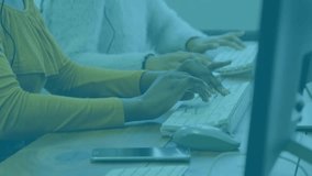 After entering data, call center agents securing headsets, initiating calls while monitoring charts. Collaboration, communication, analytics, professional, modern, teamwork, technology - Powered by Shutterstock - Get 15% off with code: PIKWIZARD15