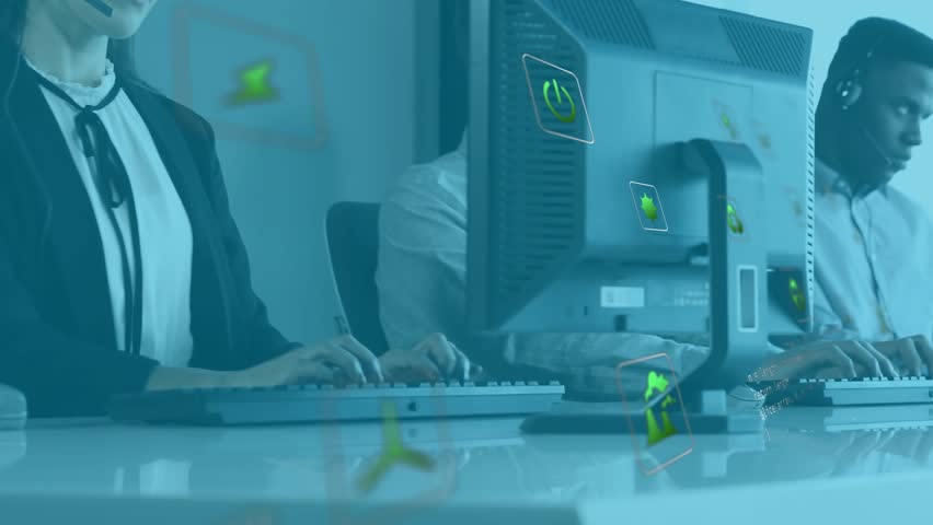 Business support agent receiving call typing and speaking with animated analytics icon showing data. Call center, teamwork, corporate, communication, professional, technology, office - Powered by Shutterstock - Get 15% off with code: PIKWIZARD15