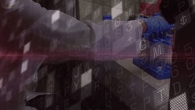 Lab tech grabbing sample bottle pouring into tube guiding pipette with transparent data overlay. Scientist, laboratory, research, precision, innovation, analysis, digital - Powered by Shutterstock - Get 15% off with code: PIKWIZARD15