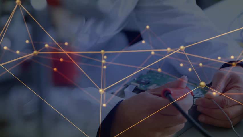Golden network animating over workbench driving engineer testing PCB with probes syncing overlay. Technology, circuitry, innovation, analysis, precision, engineering, futuristic - Powered by Shutterstock - Get 15% off with code: PIKWIZARD15