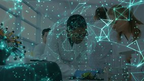 Lead scientist initiating holographic globe appearing over lab bench as colleagues analyzing data. Research, innovation, technology, collaboration, visualization, data, science - Powered by Shutterstock - Get 15% off with code: PIKWIZARD15