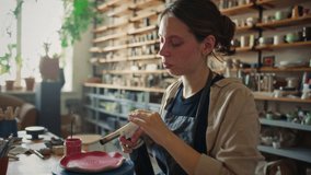 Young female potter in apron holding blowtorch while firing surface of red glazed ceramic plate on rotating stand in workshop filled with tools and handcrafted works - Powered by Shutterstock - Get 15% off with code: PIKWIZARD15