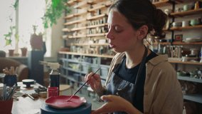 Young female potter in apron sitting at worktable, brushing red glaze onto ceramic plate on turntable in sunlit workshop filled with craft tools and equipment - Powered by Shutterstock - Get 15% off with code: PIKWIZARD15