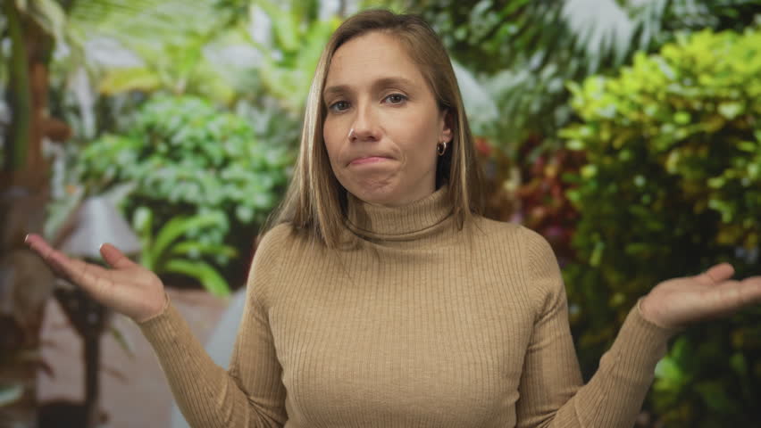Woman with blonde hair shrugging in casual sweater surrounded by lush green plants outdoors in park setting, expressing confusion or uncertainty.