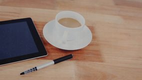 Grid overlay fading in initiating streaming waveform and bars growing over tablet, coffee cup, pen. Technology, data visualization, analytics, digital interface, innovation, modern design, work - Powered by Shutterstock - Get 15% off with code: PIKWIZARD15