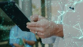 Lab-coat doctor lifting tablet and swiping globe overlay for analyzing health data in clinic lobby. Medical, digital, technology, healthcare, innovation, collaboration, modern - Powered by Shutterstock - Get 15% off with code: PIKWIZARD15