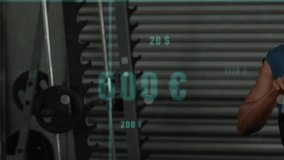 Fitness coach tapping and swiping tablet in gym, animating charts over rack for progress tracking. Technology, analytics, data visualization, innovation, performance, athleticism, digital interface - Powered by Shutterstock - Get 15% off with code: PIKWIZARD15