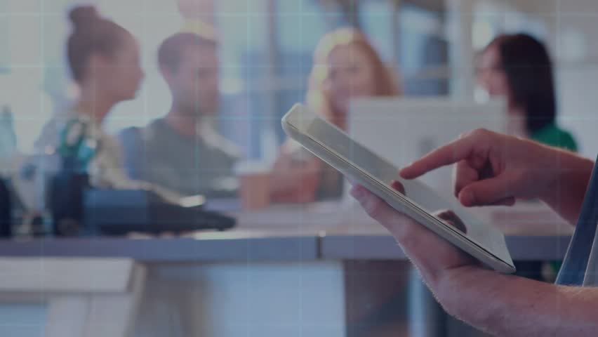 Team member touching tablet screen in business meeting, initiating HUD graphics showing data flow. Technology, collaboration, innovation, digital, interface, futuristic, corporate - Powered by Shutterstock - Get 15% off with code: PIKWIZARD15