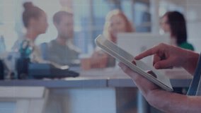 Team member touching tablet screen in business meeting, initiating HUD graphics showing data flow. Technology, collaboration, innovation, digital, interface, futuristic, corporate - Powered by Shutterstock - Get 15% off with code: PIKWIZARD15