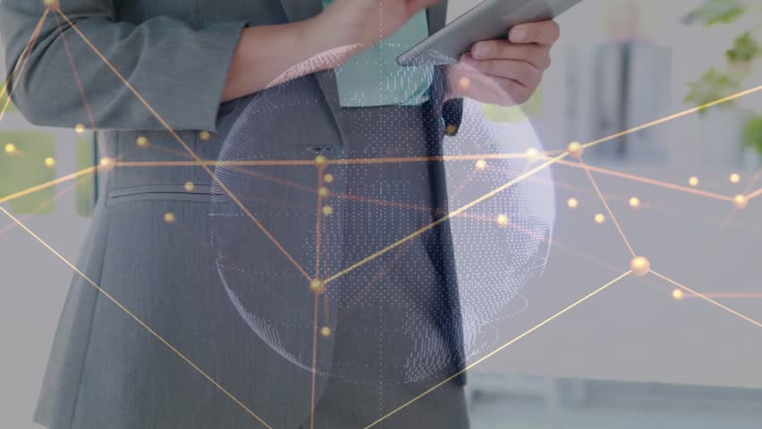 Businesswoman tapping tablet, connecting network nodes and materializing globe visualizing data. Technology, innovation, connectivity, digital, abstract, modern, workspace - Powered by Shutterstock - Get 15% off with code: PIKWIZARD15