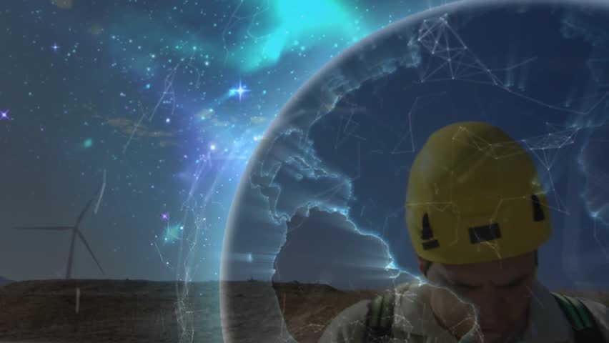 Wind farm technician entering and powering tablet, tapping rotating network node data for analysis. Renewable, energy, sustainability, technology, industry, innovation, environmental - Powered by Shutterstock - Get 15% off with code: PIKWIZARD15