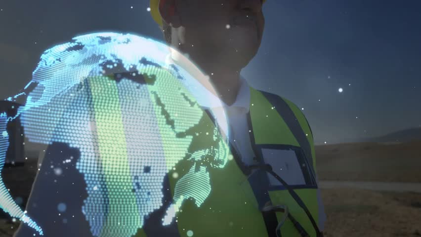 As engineer in safety gear standing by solar panels, digital globe unfolding global network lines. Technology, innovation, sustainability, digital, connectivity, future, renewable - Powered by Shutterstock - Get 15% off with code: PIKWIZARD15