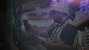 Warehouse clerk scanning coils on shelves generating hologram data network for inventory tracking. Industrial, technology, digital, logistics, data, automation, futuristic - Powered by Shutterstock - Get 15% off with code: PIKWIZARD15