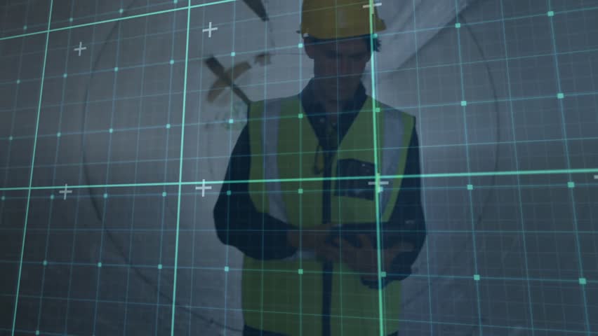 Construction inspector tapping tablet and scrolling plans, checking pipes and marking observations. Industrial, technology, safety, blueprint, engineering, modernization, architecture