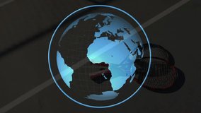 On start, transparent blue digital globe rotating above tennis gear showing global tennis reach. Global connectivity, sports technology, digital interface, athletic equipment, outdoor sports, - Powered by Shutterstock - Get 15% off with code: PIKWIZARD15
