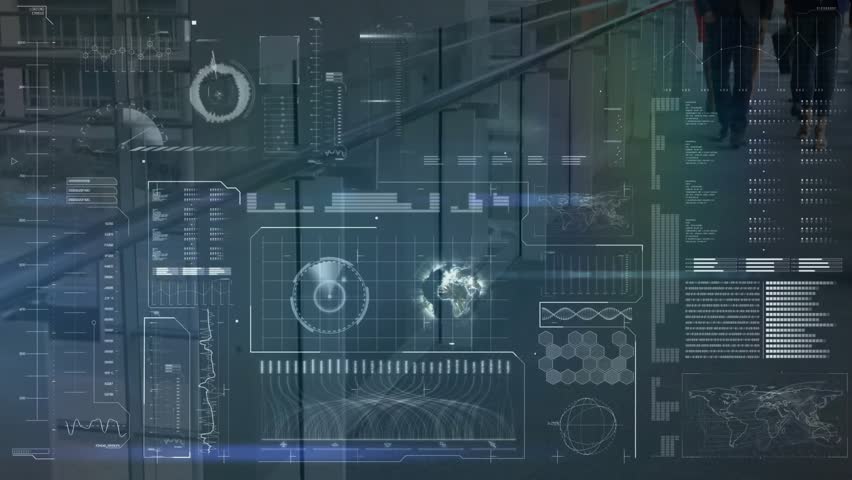 Business team walking down corridor analyzing holographic charts after digital interface start. Technology, collaboration, data visualization, innovation, corporate, modern, professional - Powered by Shutterstock - Get 15% off with code: PIKWIZARD15